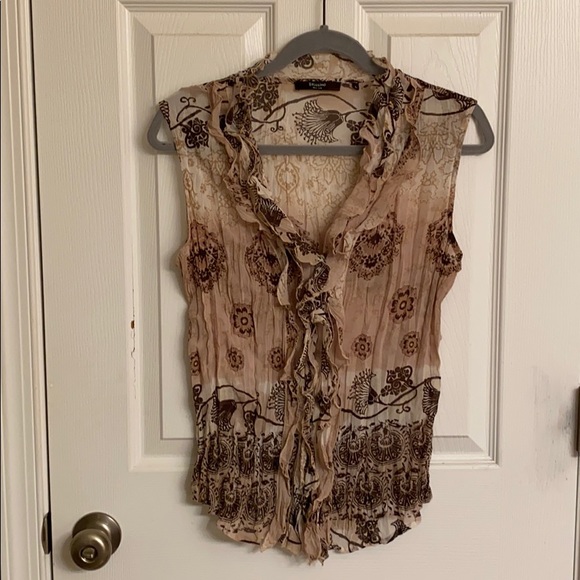Belissimo Tan Cream Floral Geometric Print Sheer Polyester Top/Vest Size Large - Picture 1 of 10